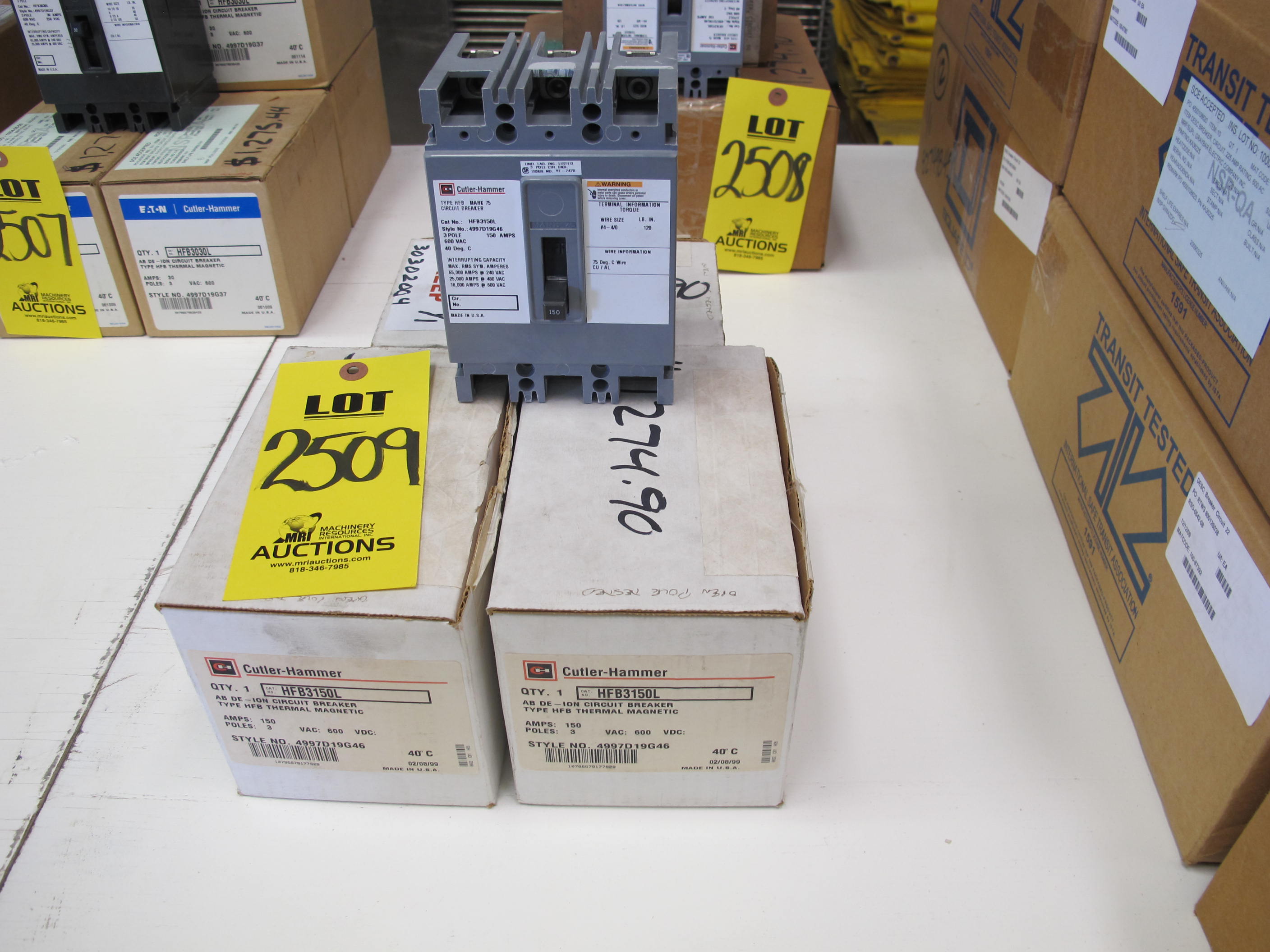 LOT (3) BREAKERS, CIRCUIT TYPE, 150 AMP RATING, 600 AC VOLT RATING, 3 POLE, THERMAL MAGNETIC KIND. MOLDED CASE, MARK 75, AB DE-ION #HFB3150,STYLE 4976D04G46 WITH LUGS (L), PART # HFB3150L (W-44) LOADING & HANDLING FEE $5-